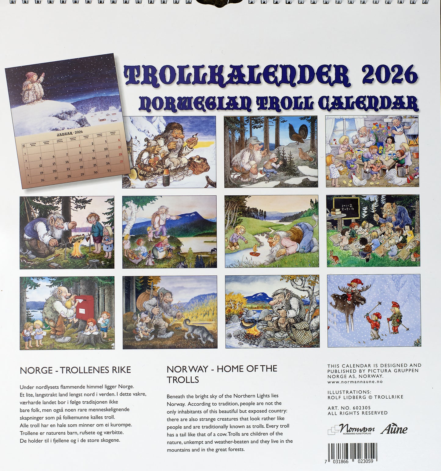 Troll Kalender Lidberg - Wandkalender 2026 - 30 x 34 cm - Aune Forlag