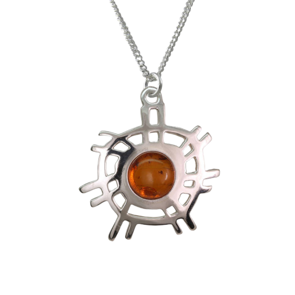Aurinko mit Bernstein - Sonne - Samischer Anhänger - 25 mm - mit Silberkette 42 cm