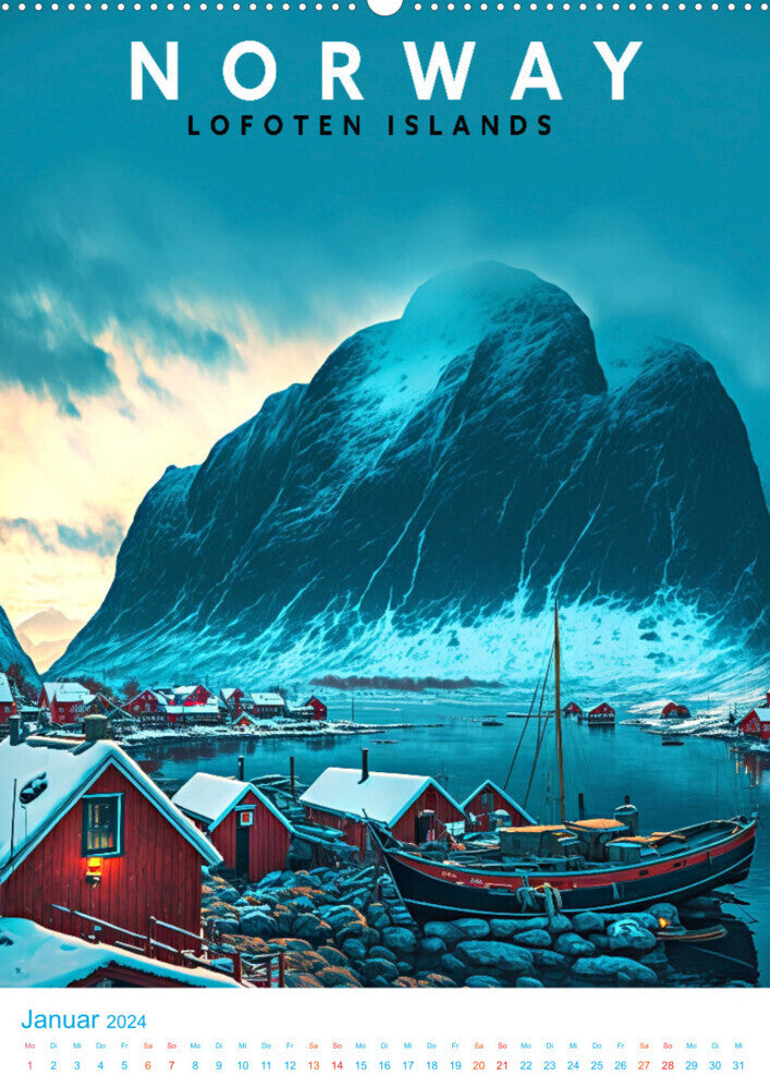 Lofoten - Old School Poster Style - Wandkalender 2024