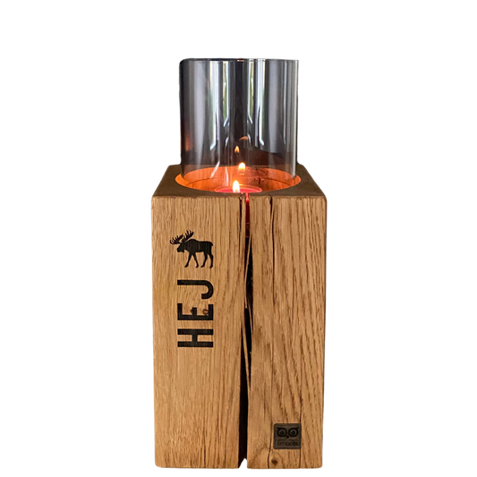 Windlichthalter mit Glas - HEJ mit Elch-Gravur - 20cm - handgefertigt