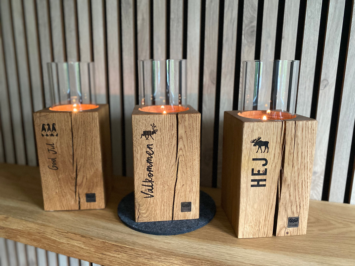 Windlichthalter mit Glas - Välkommen mit Rentier-Gravur - 20cm - handgefertigt
