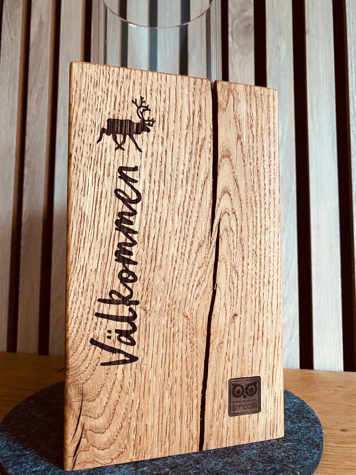 Windlichthalter mit Glas - Välkommen mit Rentier-Gravur - 20cm - handgefertigt