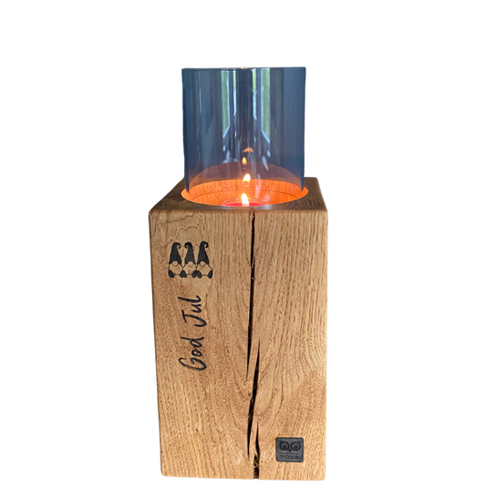 Windlicht God Jul mit weihnachtlicher Tomte-Gravur - 20cm - handgefertigt