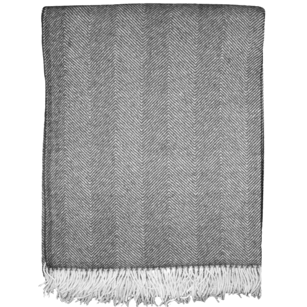Wolldecke - Fischgrät-Design mit Fransen - Grau / Nataurweiß - 240 x 140 cm