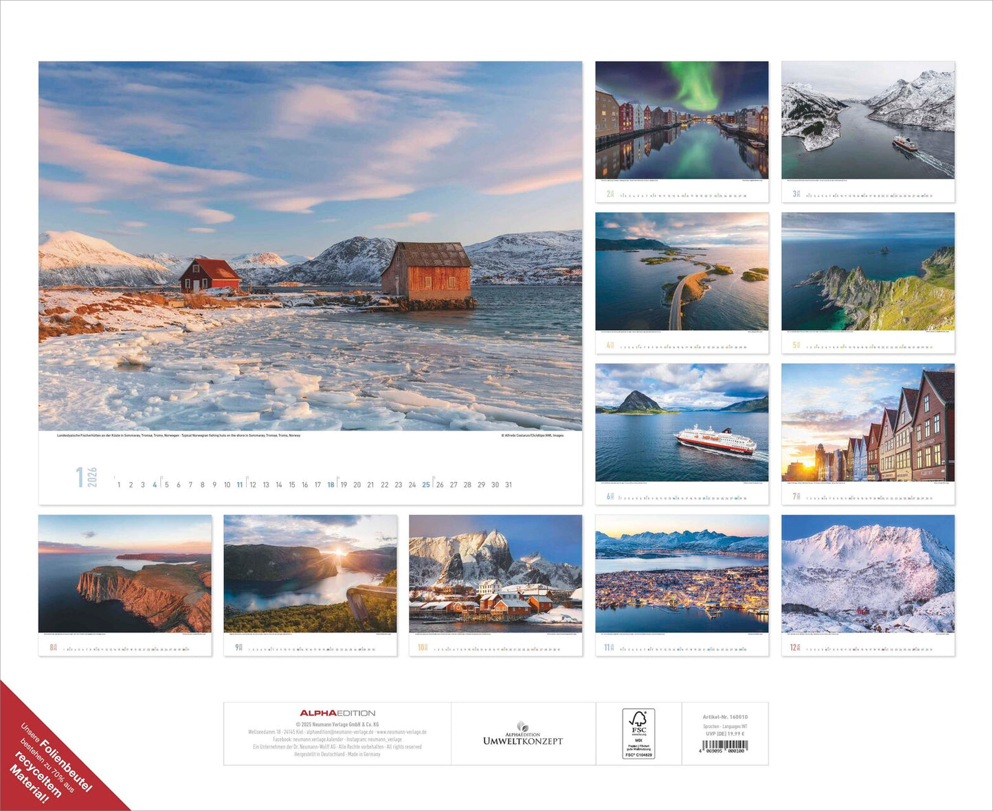 Hurtigruten - Wandkalender 2026 - 52 x 43 cm - Alpha Edition