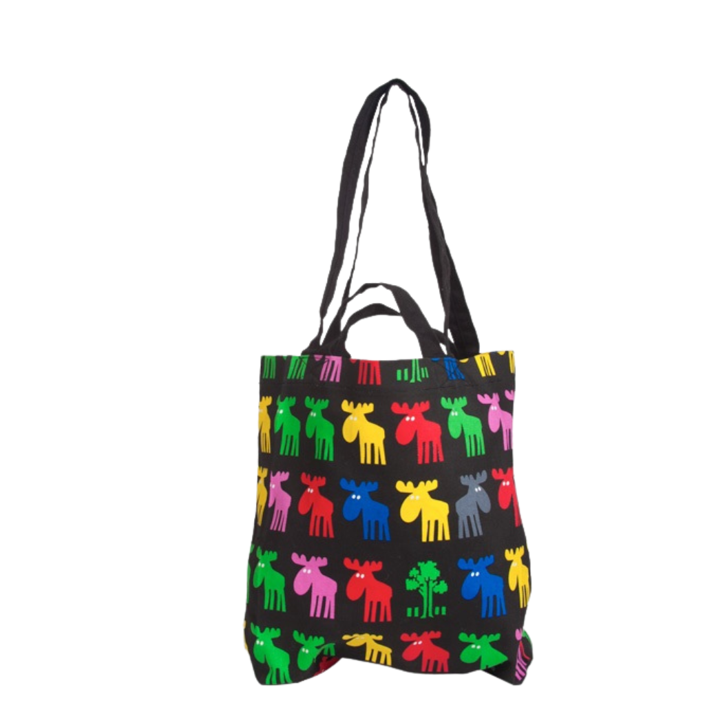 Elch Kunterbunt - Baumwolltasche - Schwarz mit bunten Elchen