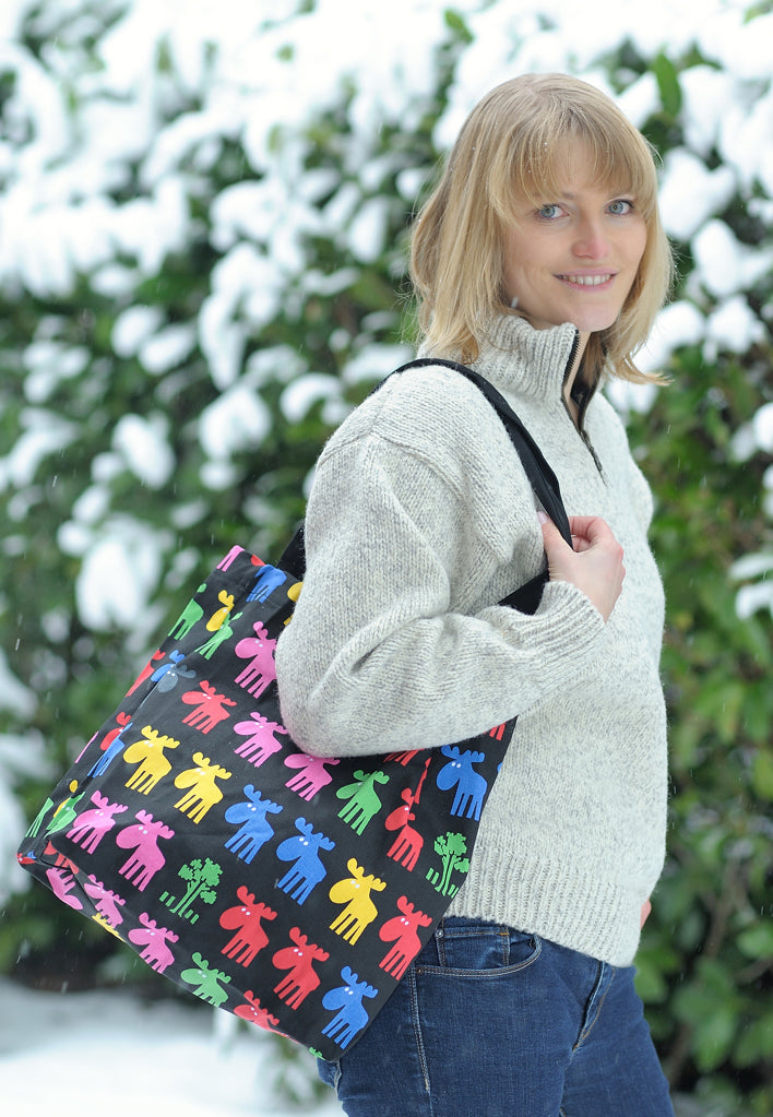 Elch Kunterbunt - Baumwolltasche - Schwarz mit bunten Elchen