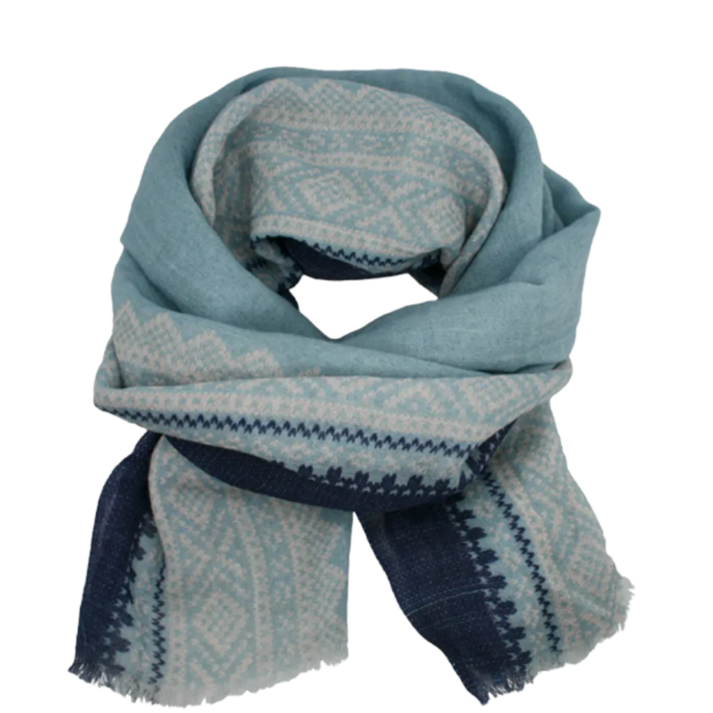 Damenschal mit norwegischem Marius-Muster - Hellblau / Weiß / Blau - 180 x 70 cm
