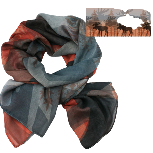 Damenschal -  Elch im Wald -  Grau / Dunkelgrau / Orange - 180 x 80 cm