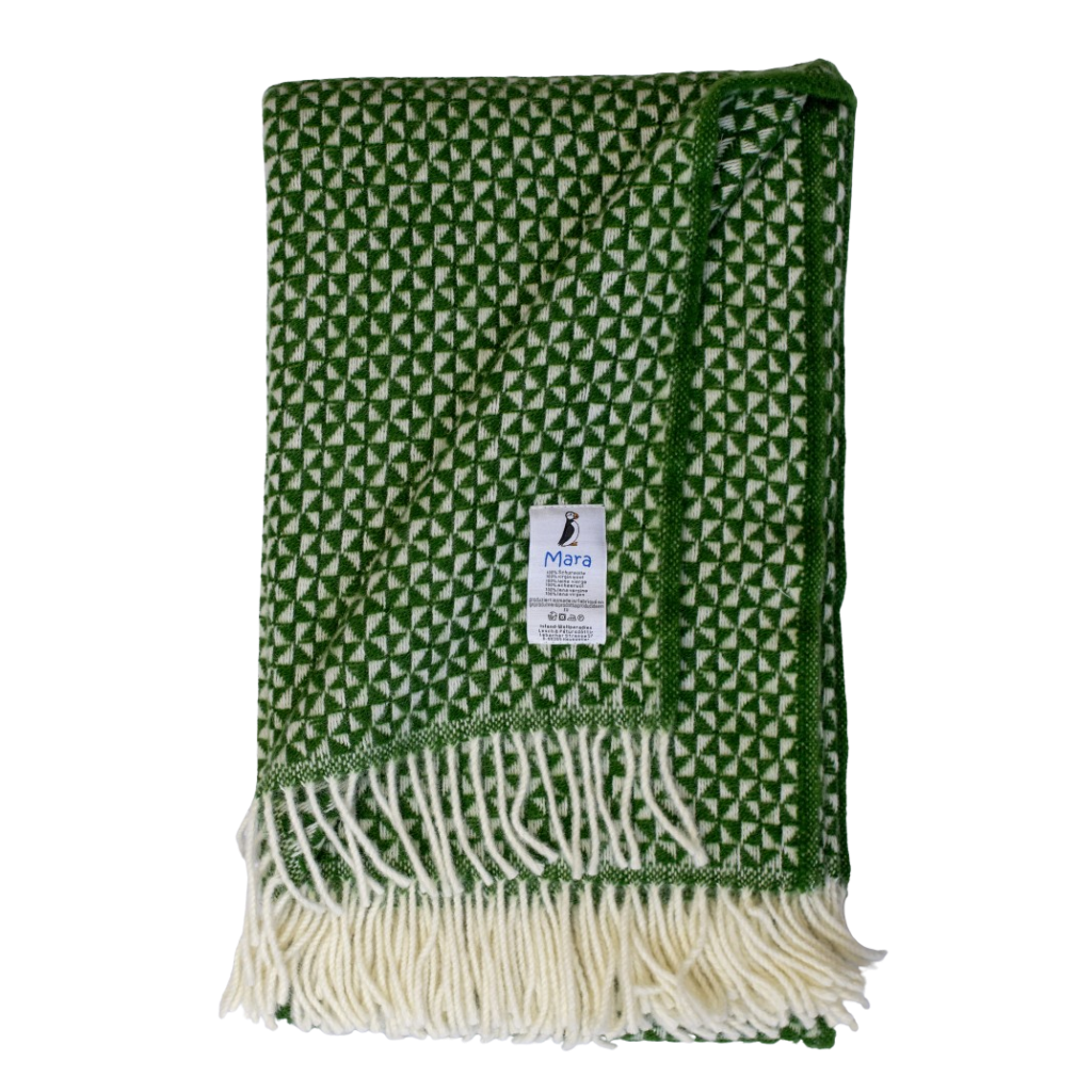 Wool blanket - Windmill design - Natural white / Green - 240 x 135 cm