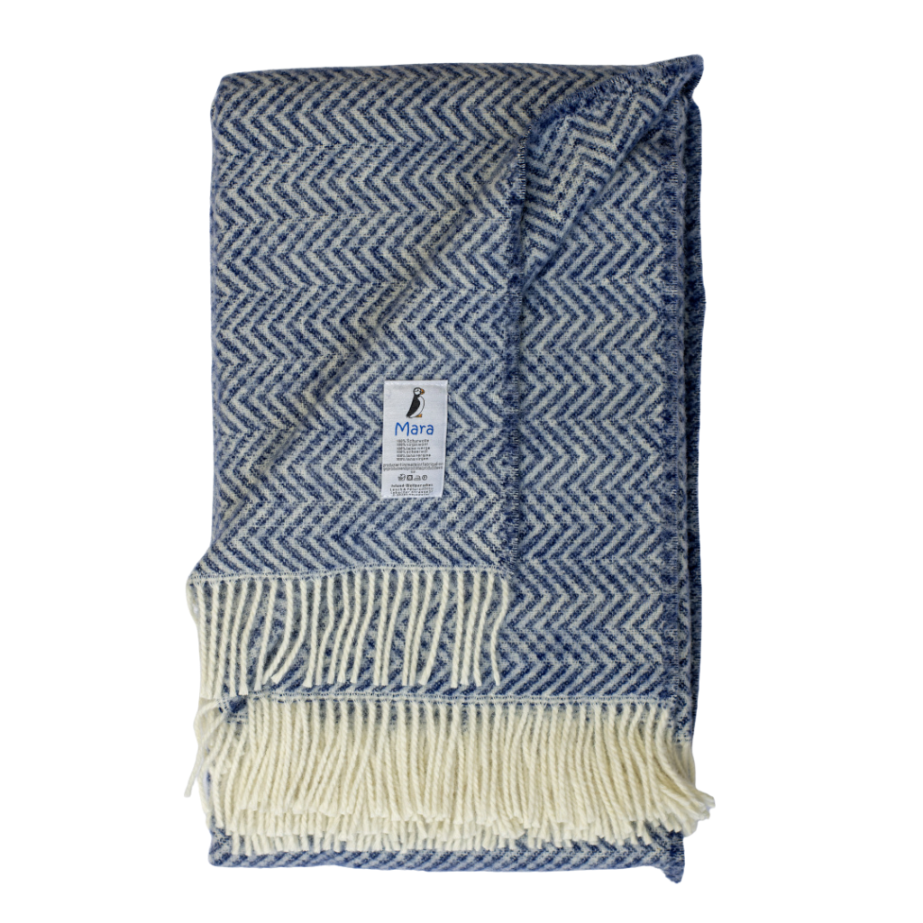 Wolldecke - Fischgrät-Design - Naturweiß / Blau