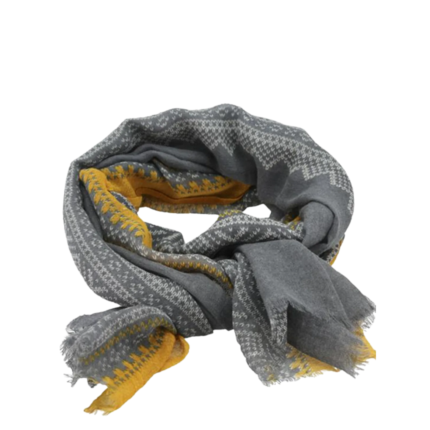 Women's scarf with Norwegian Marius pattern - Grey / White / Ochre - 180 x 70 cm