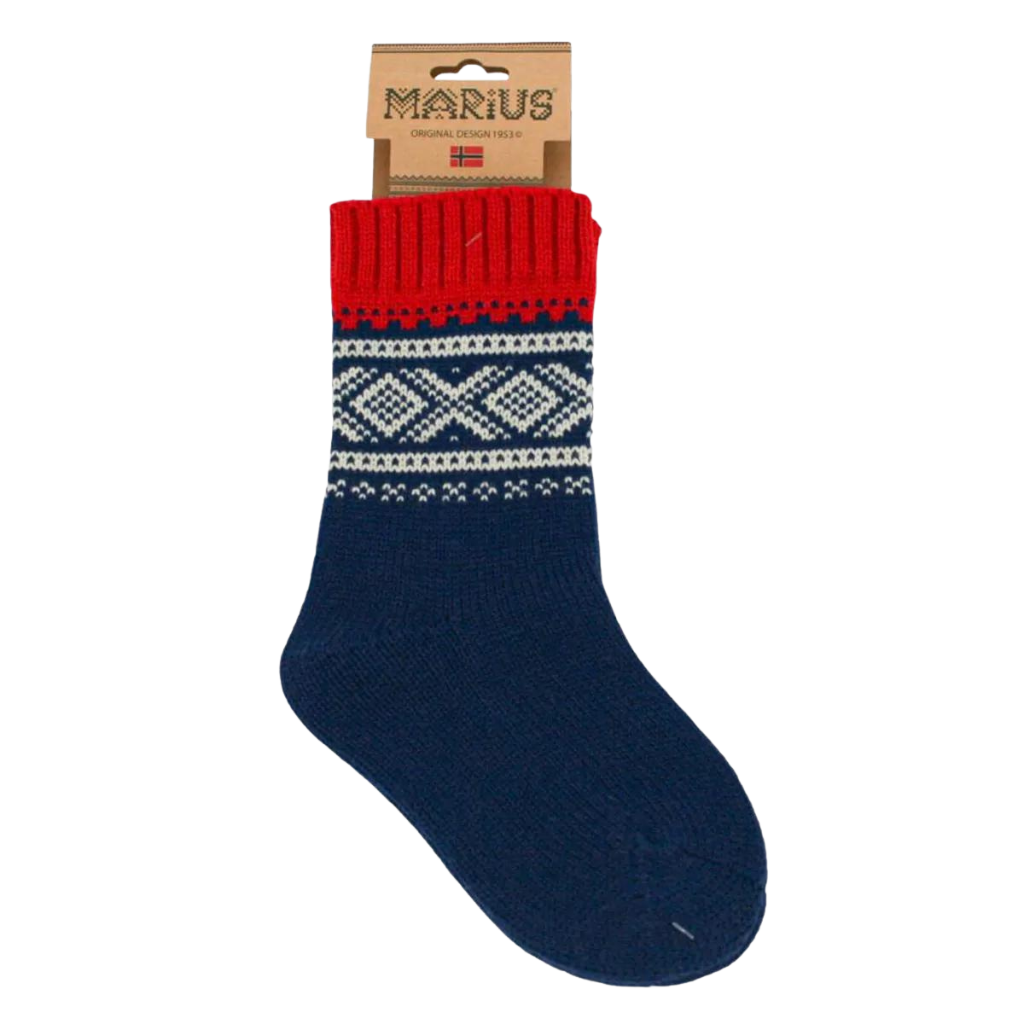 Wollsocken mit norwegischem Marius-Muster - Blau / Weiß / Rot