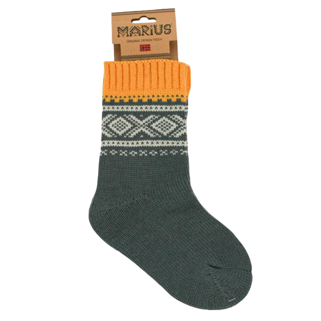 Wollsocken mit norwegischem Marius-Muster - Gelb / Weiß / Grau