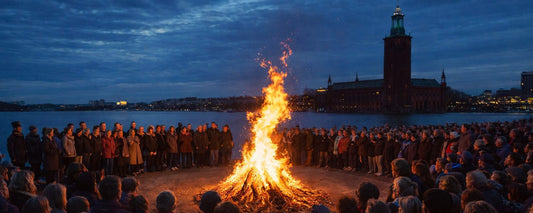 Menschen stehen in Schweden in der Abenddämmerung um ein großes Valborg-Feuer, während im Hintergrund Frühlingslieder gesungen werden.