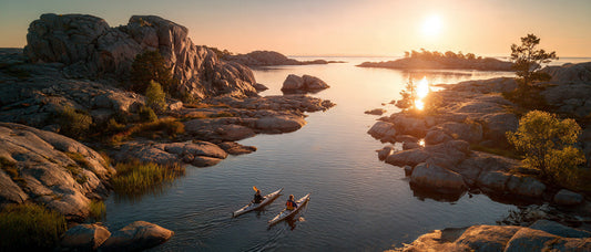 Zwei Kajaks zwischen felsigen Schären an der schwedischen Küste bei Sonnenuntergang