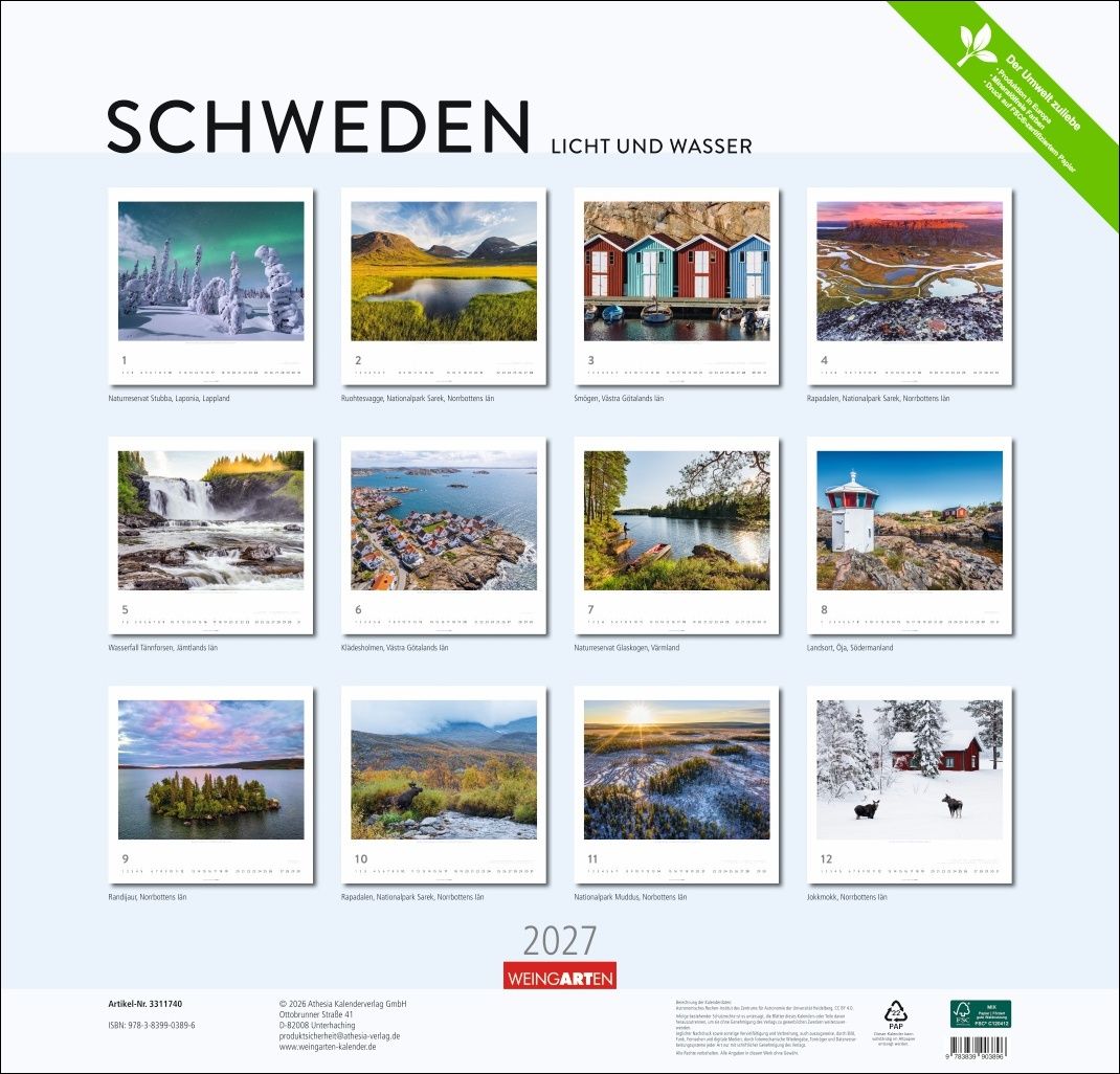Schweden - Wandkalender 2027 -  Licht und Wasser - 46 x 48 cm - Kunstverlag Weingarten