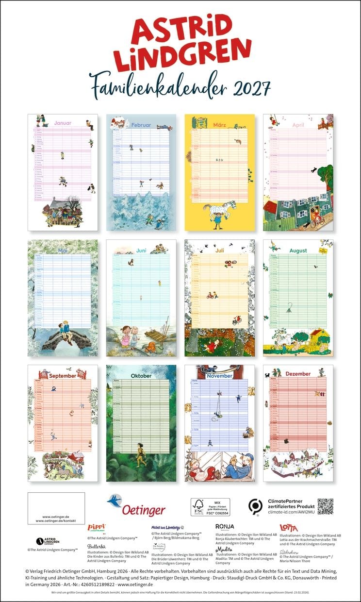 Astrid Lindgren Familienkalender 2027 - 25 x 27 cm