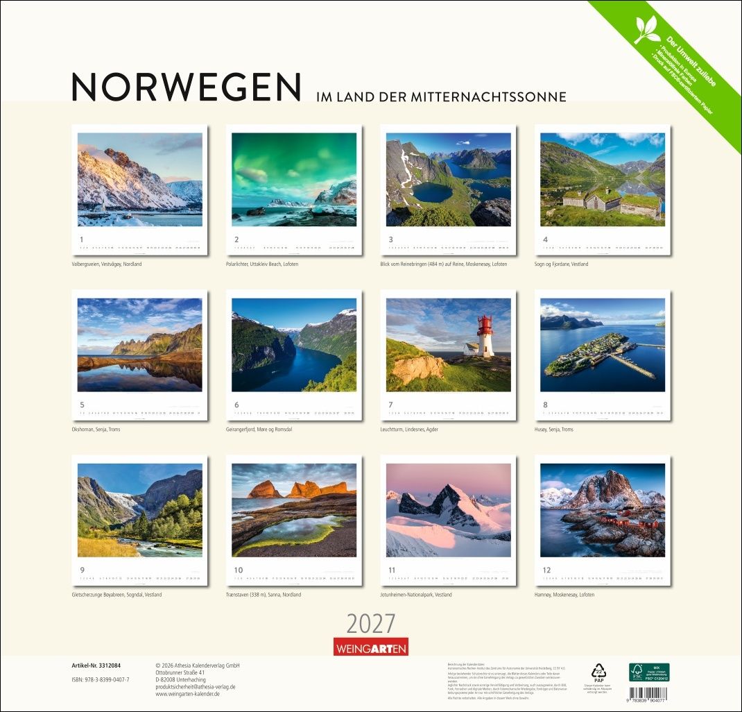 Norwegen - Wandkalender 2027 - 48 x 46 cm - Kunstverlag Weingarten