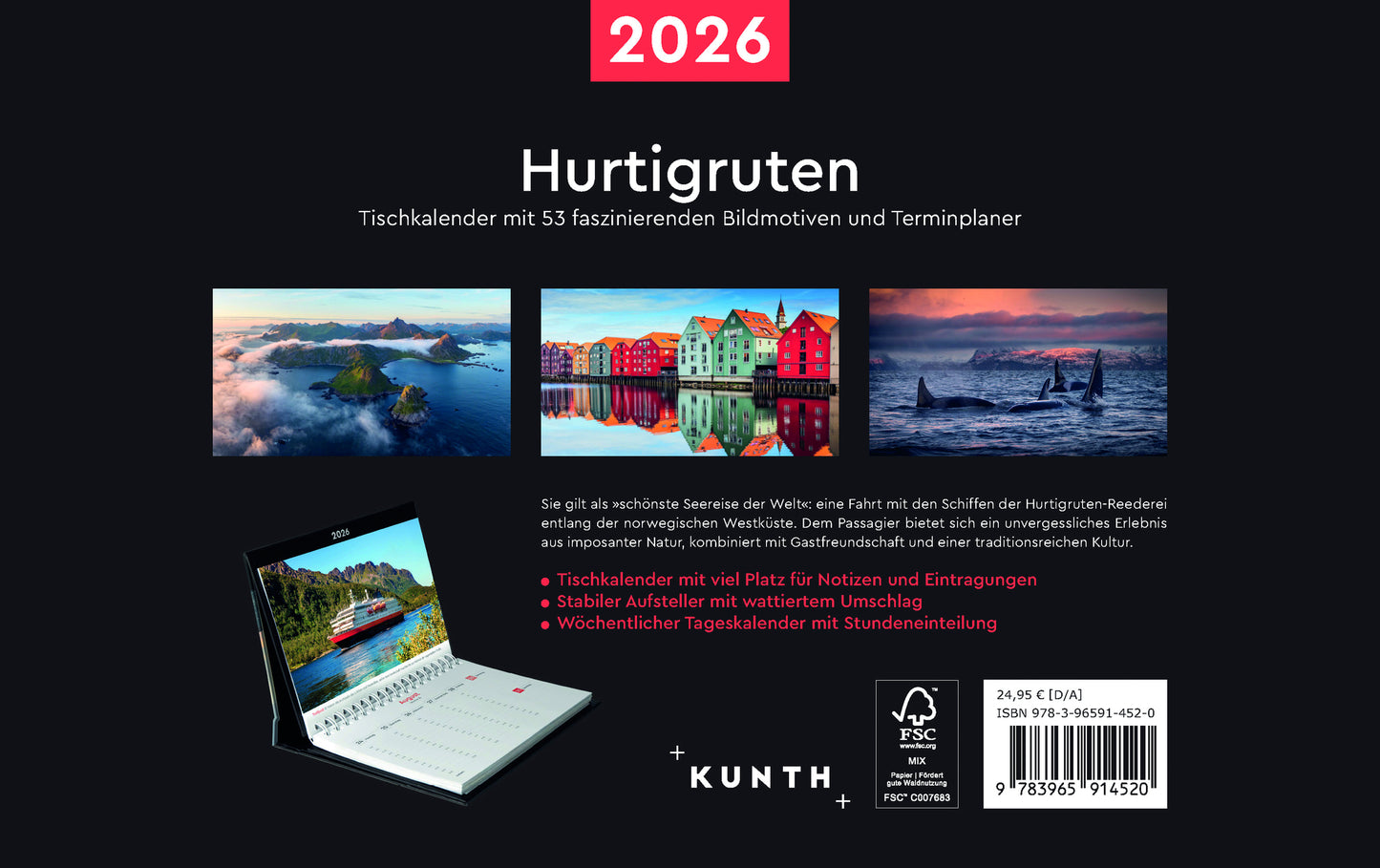 Hurtigruten - Tischkalender 2026 - 24 x 17 cm - Kunth Verlag