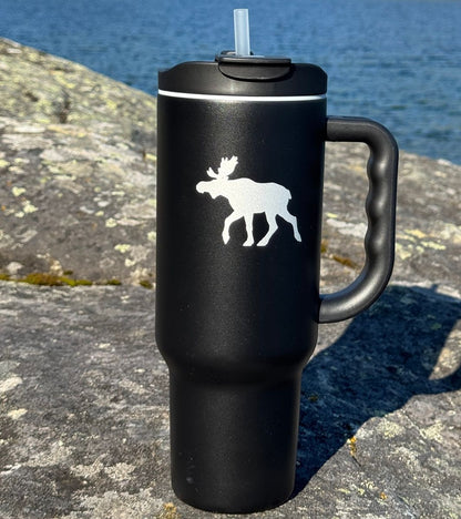 Thermosflasche - Schwarz mit Elch - 1,2 Liter Inhalt