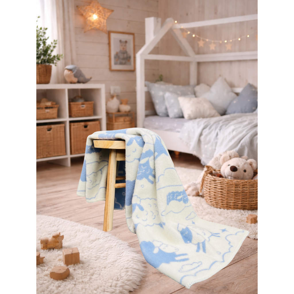 Wolldecke aus Schurwolle in hellblau weiß mit Schaf- und Wolkenmotiv für Kinderzimmer