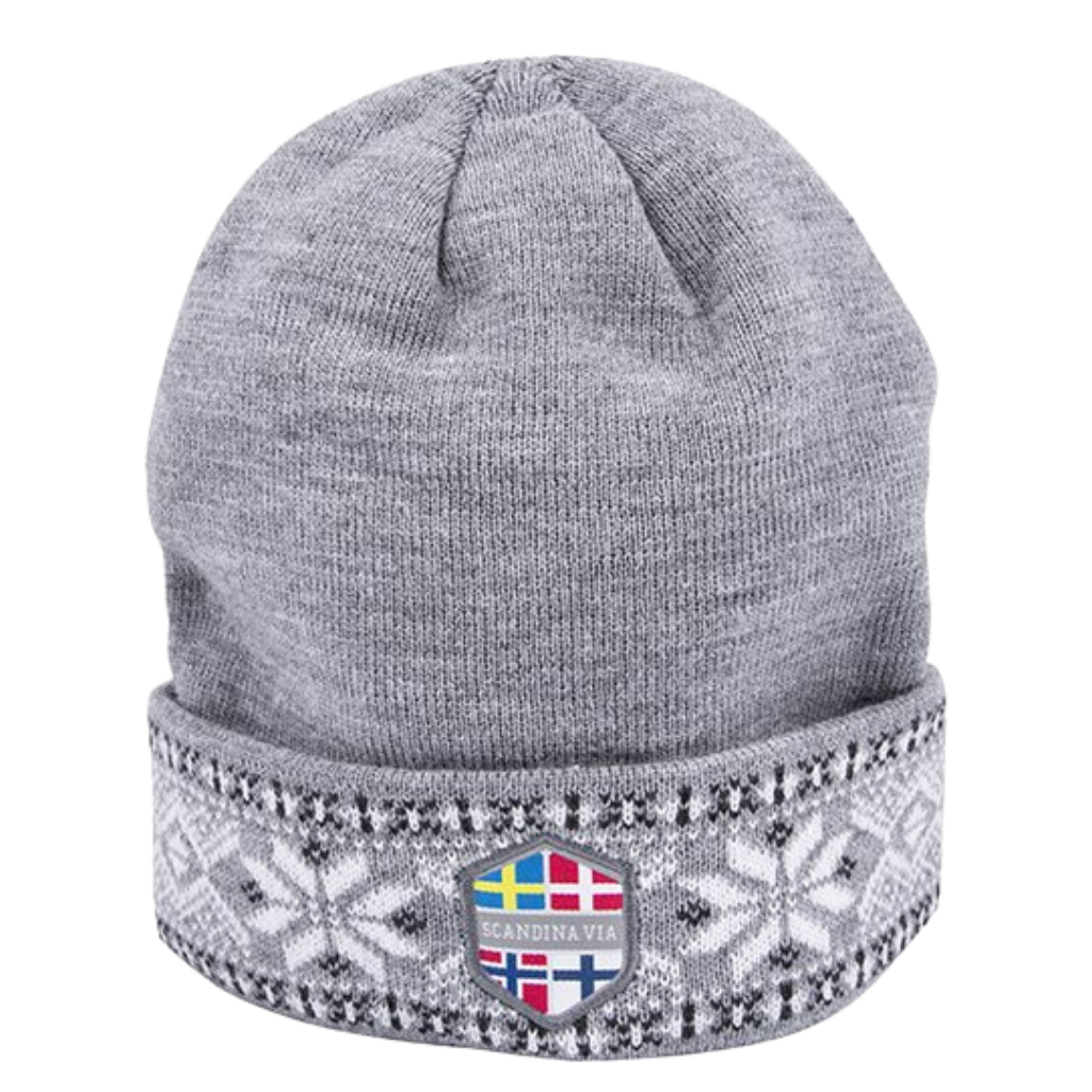 Strickmütze - Skandinavien-Muster - Grau / Weiß